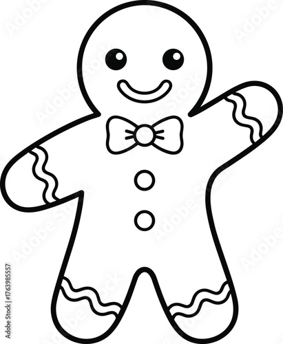 Simple outline drawing of a happy gingerbread man with a bow tie and buttons