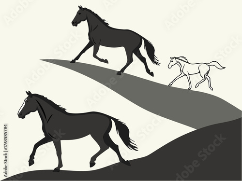 Three horses depicted in varying styles and shades running across a hilly landscape illustration created with generated ai