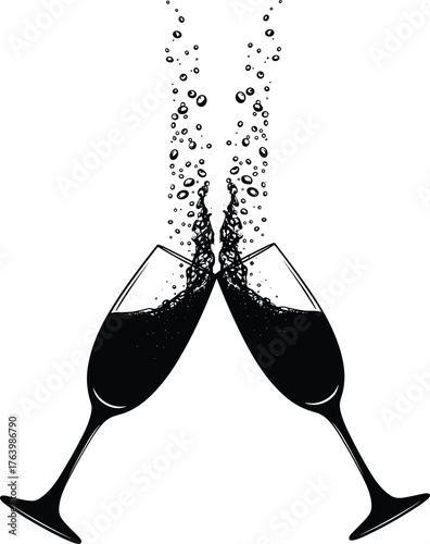Two elegant wine glasses clinking together with a burst of bubbles and liquid splashing upwards