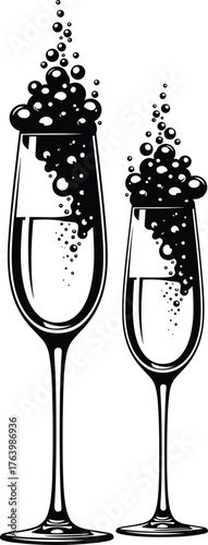 Two wine glasses filled with bubbly liquid and overflowing with effervescent bubbles