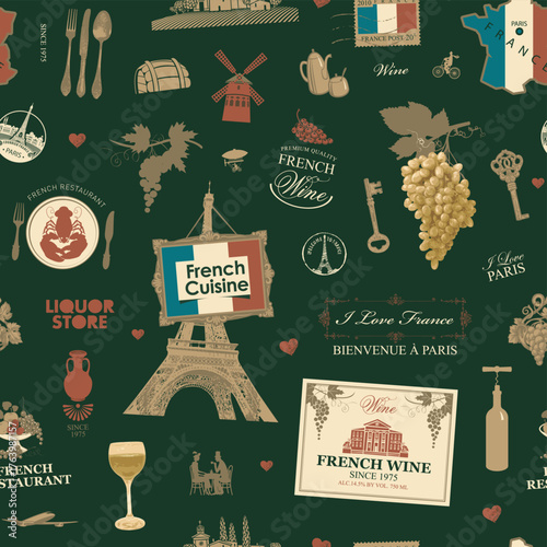 Hand drawn seamless pattern on the theme of French cuisine and Paris with food, wine, architectural landmarks, map and flag. Postcard. Wallpaper, wrapping paper. No AI used