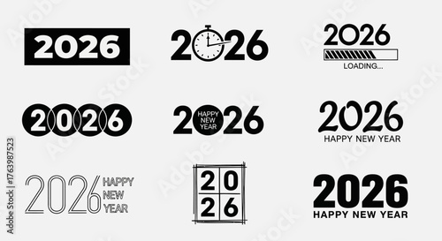 Bundle of nine minimalist black and white 2026 Happy New Year logos for design projects. Vector graphic illustration set