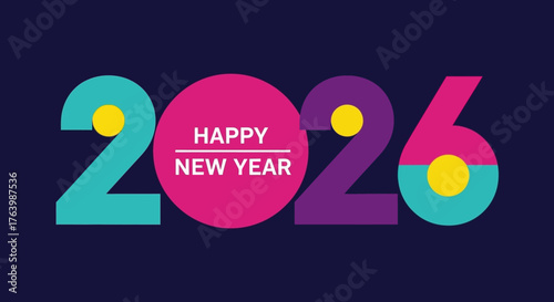 Happy New Year 2026 colorful typographic design on a dark blue background. Modern vector greeting card illustration