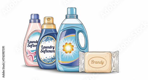 Laundry detergents and a bar of soap sit together in a still life arrangement on a white background