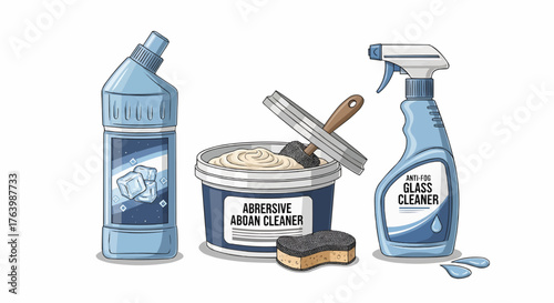 Illustration of cleaning supplies including bottle of liquid abrasive cleaner and glass cleaner spray
