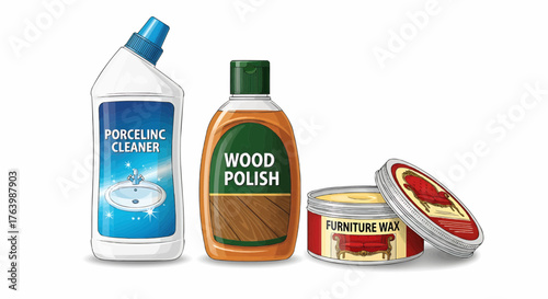 Still life of porcelainc cleaner wood polish and furniture wax on a white background surface view