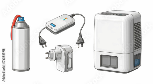 Illustration of a spray can, power adapter, wall charger, and humidifier on a white background