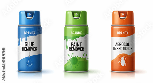Three brandx spray cans: glue remover, paint remover, and aerosol insecticide displayed on a white background