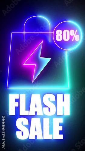 Neon shopping bag with lightning bolt and 80 percent flash sale text on dark background discount promotion