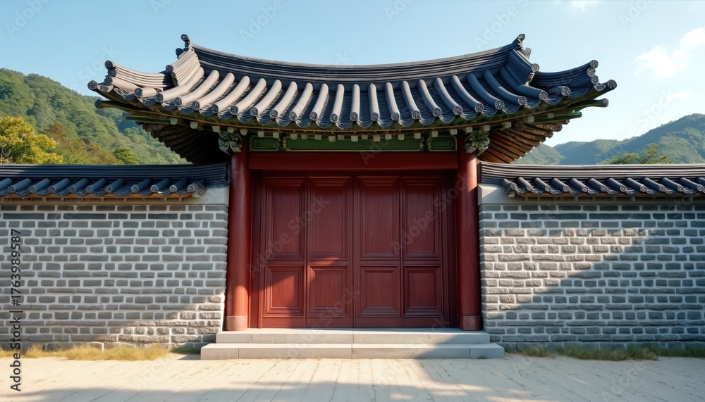 Fototapeta premium Traditional Korean building entrance gate with red wooden doors, grey stone wall. Curved tiled roof showcases oriental architecture. Historical facade invites exploration of ancient culture, heritage.