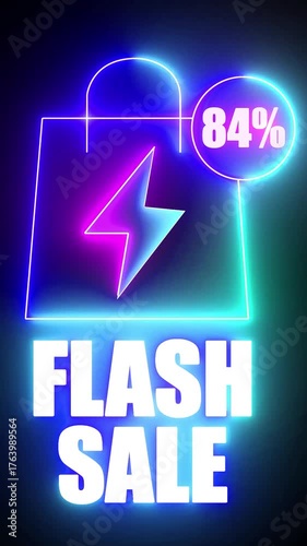 Neon shopping bag with lightning bolt and 84 percent flash sale announcement discount offer