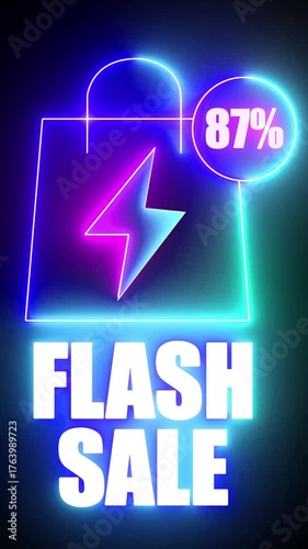 Neon shopping bag with lightning bolt and 87% flash sale text on dark background discount offer