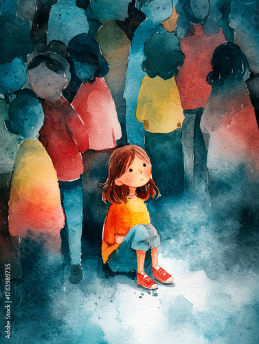 Emotional watercolor artwork depicting a bullied young girl sitting apart, surrounded by classmates, representing anxiety, sadness, and mental health struggles in childhood.