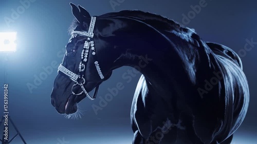 Cheval noir éclairé par un projecteur dans un studio moderne