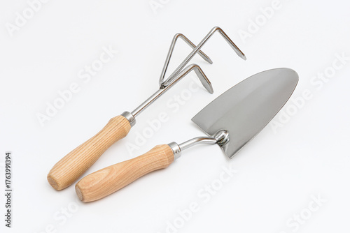 Small garden trowel. A metal trowel with a wooden handle, ideal for digging, planting, and removing weeds, characterized by its sturdy construction and ergonomic design for efficient gardening tasks.