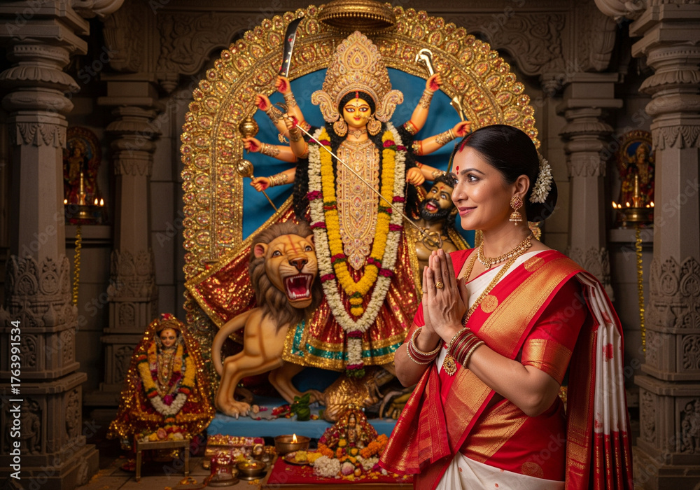 Obraz premium Indian Woman Praying in Temple Before Durga Idol Religion, Culture, Puja, Festival Celebration.