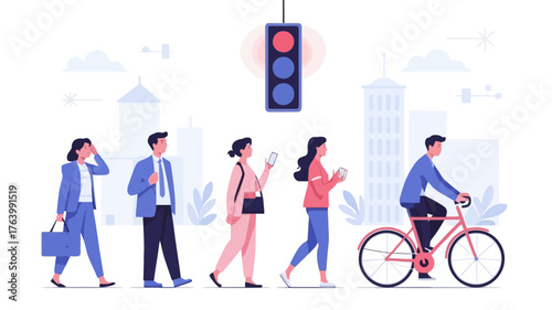 Diverse group of people and a cyclist patiently wait at a red traffic light in a modern city