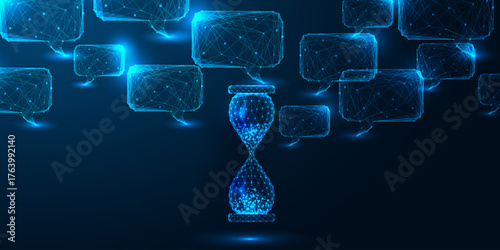 AI time management and productivity concept with glowing hourglass and digital speech network