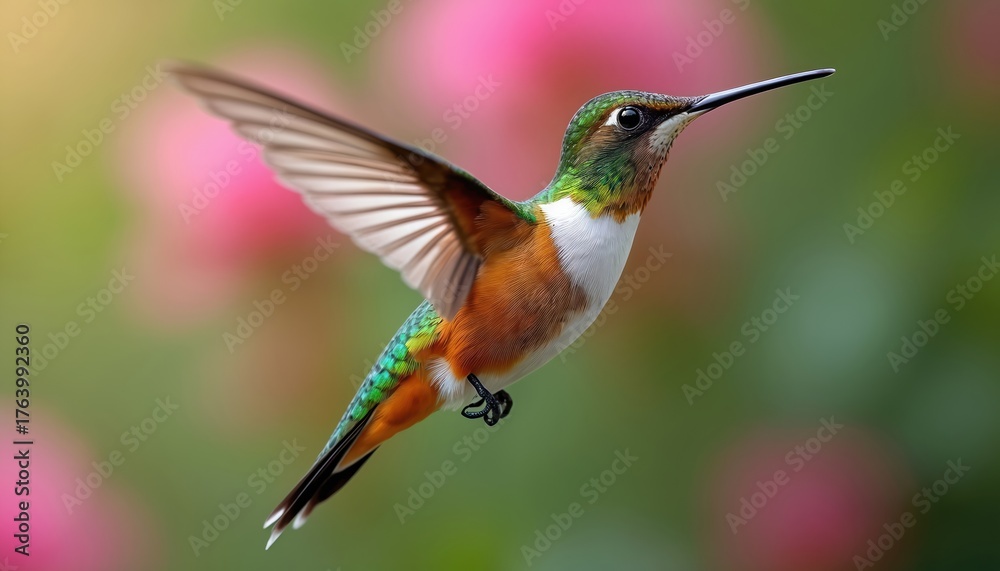 Fototapeta premium Close-up illustration of hummingbird in mid-flight, vibrant green, orange plumage. Delicate wings outstretched, feathers detailed. Blurred pink, green background suggests garden environment,