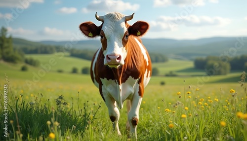 Girolando cow, half-blood dairy breed, stands in green summer pasture under blue sky. Mammal eats grass in rural meadow, farmland landscape. Domestic animal on farm, traditional agriculture theme.