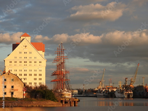 Bark Sedov in the port of Kaliningrad, Russia, in the sunset