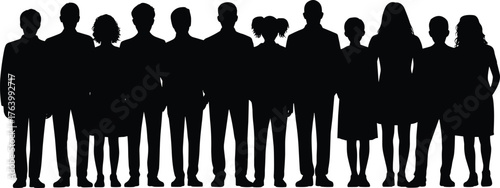 Group silhouette vector illustration, twelve people standing in a row, black figures, posture and clothing variation, unity and diversity theme