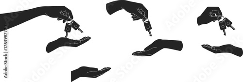 Key handover silhouette vector illustration, five hand gestures, black figures, ownership transfer concept, trust and responsibility theme design
