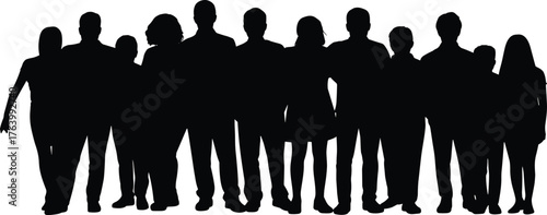 Group silhouette vector illustration, twelve people standing side by side, black figures, unity and diversity theme, posture and height variation