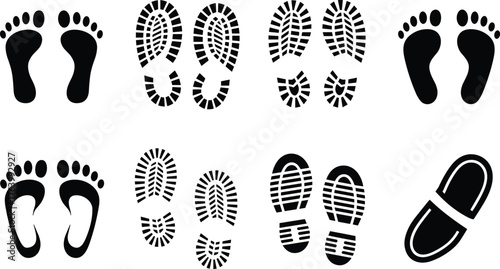 Footprint and shoe print icon vector illustration set, barefoot and boot styles, tread variations, black silhouettes, tracking and design template