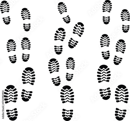 Boot and shoe print vector illustration grid, black silhouettes, tread pattern variations, tracking symbols, forensic and design reference template