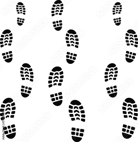 Boot print trail vector illustration, black silhouettes, walking path pattern, tread design, movement direction, tracking and navigation concept