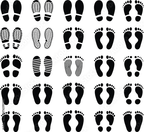 Footprint and shoe sole vector illustration grid, black silhouettes, barefoot and tread patterns, identification symbols, forensic and design template