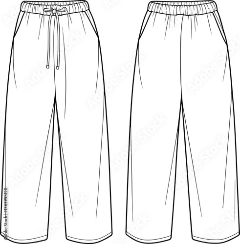 Wide-leg pants vector illustration set, front and back views, elastic waistband, drawstring tie, side pockets, relaxed fit, fashion template