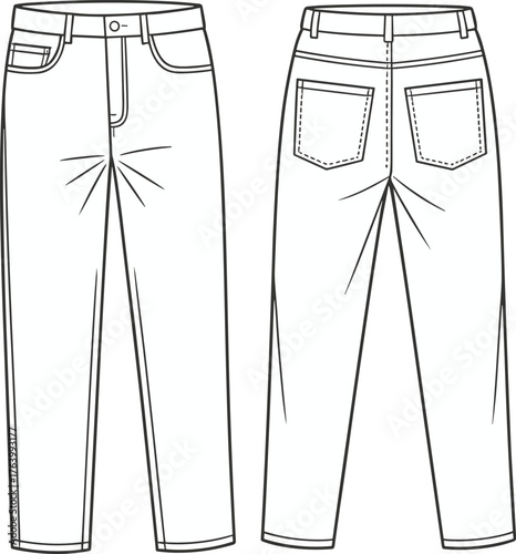 Tapered-leg pants vector illustration set, front and back views, button waistband, zipper fly, pleats, patch pockets, fashion technical design template