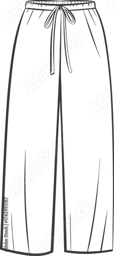 Relaxed-fit pants vector illustration, front view, drawstring waistband, straight-leg silhouette, seam details, casual loungewear, fashion design template