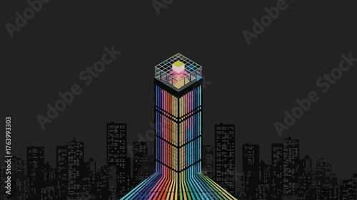 Futuristic holographic skyscraper with iridescent rainbow lights against a dark cityscape background symbolizing advanced technology