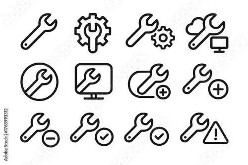 Wrench UI outline icon set: minimal wrench icon, wrench inside gear, wrench with settings symbol, wrench with computer screen, wrench with cloud, wrench inside circle, wrench in
