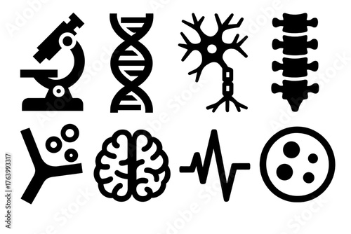 Biological neurons silhouette set: microscope view, DNA strand, nerve cell, spinal cord, neurotransmitter bubbles, brain cross-section, heartbeat line, petri dish.