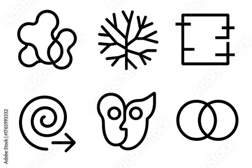 Abstract mutation outline icon set: morphing shapes, fractal pattern, glitch square, spiral arrow, hybrid icon, overlap circles.