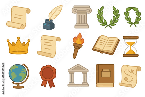 Historical Biography set icons in modern isometric flat vector style: scroll, quill, feather, ink bottle, ancient column, laurel wreath, crown, parchment, torch flame, manuscript,