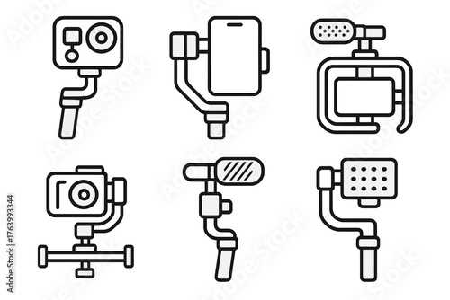 Video gimbal outline icon set: action camera, smartphone mount, rig, slider, microphone, light.