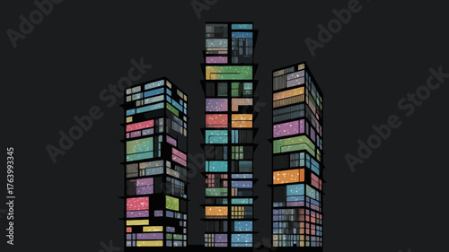 Vibrant abstract skyscraper facades illuminated with a kaleidoscope of colorful geometric window patterns against a dark background