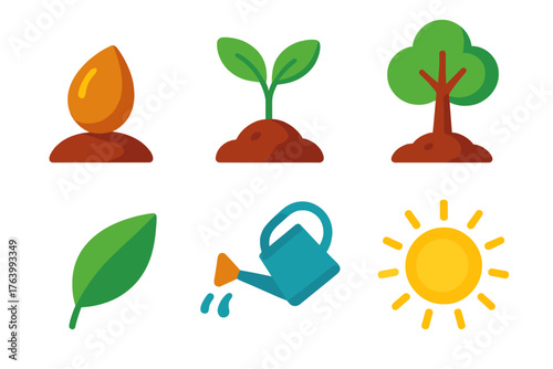 Growth process flat icons: seed, sprout, tree, leaf, watering can, sun.