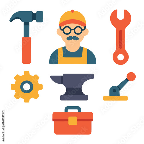 Workshop inventor flat icons: hammer, wrench, cogwheel, anvil, toolbox, lever.