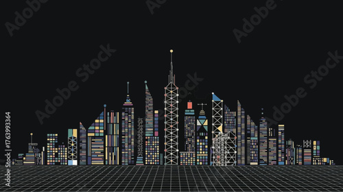 Futuristic cityscape with towering skyscrapers illuminated against a dark starry night sky evoking a sense of advanced urban living