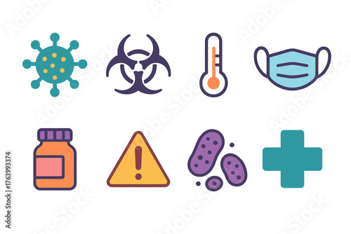 Pathogenic Bacteria flat icons: virus-like shape, biohazard symbol, fever thermometer, cough mask, pill bottle, warning triangle, bacteria cluster, hospital cross.