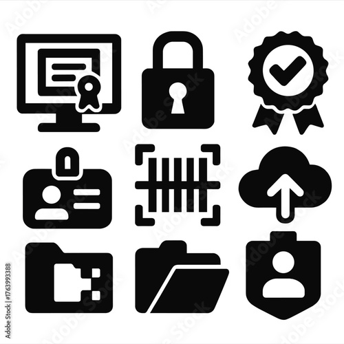 E-Credentials silhouette set: certificate on screen, secure lock, barcode scan, checkmark ribbon, ID tag, digital folder, cloud backup, badge icon. , , High resolution, sharp