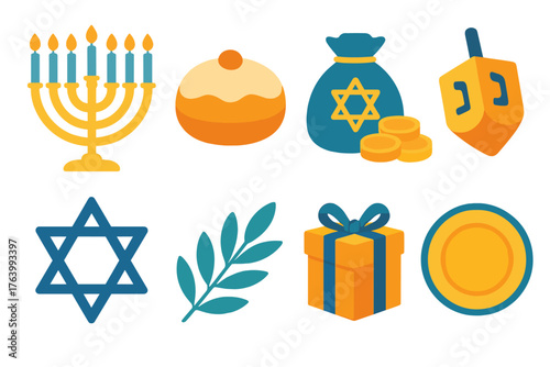 Hanukkah Tradition flat icons: menorah with candles, jelly donut, pouch of gelt, dreidel top, Star of David, olive branch, wrapped gift, holiday plate. , , High resolution, sharp