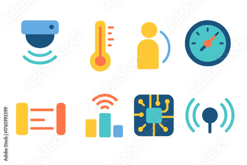 Sensor Technology flat icons: motion sensor, temperature gauge, proximity icon, pressure meter, infrared beam, data signal, circuit board, wireless node. , , High resolution, sharp