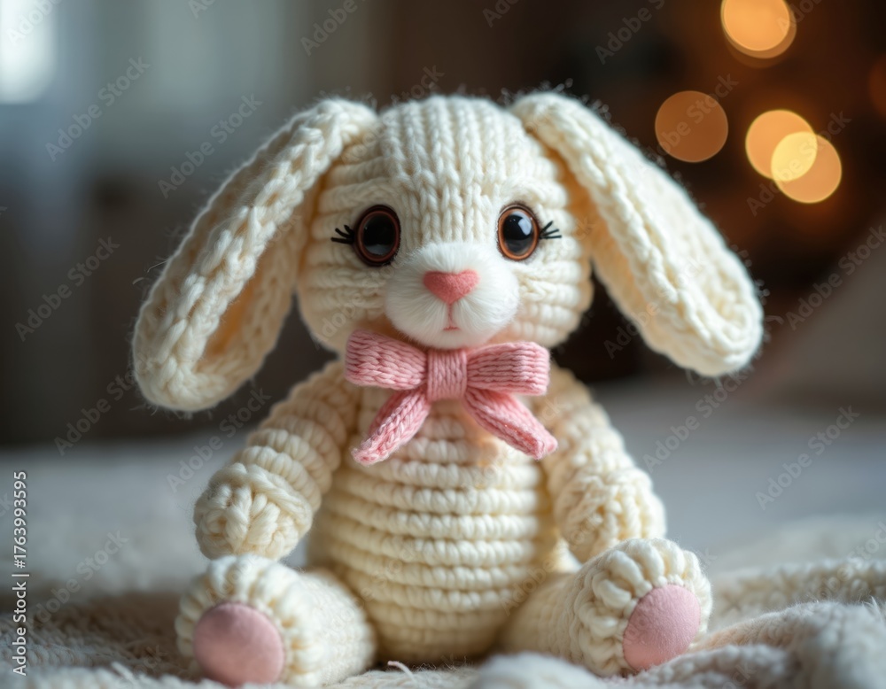 Fototapeta premium Adorable knitted bunny doll, white with oversized eyes, pink bow. Soft plush toy perfect for cuddling, children rooms, childcare centers, as comforting gift. Friendly, fluffy appearance brings